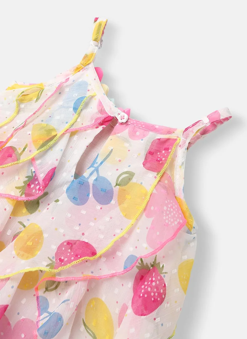 Nautinati  Girls' Chiffon Ruffle All-over Strawberry, Mango, Blueberry & Floral Print A-line Dress with Swiss Dot Pattern for Women | Best Price UAE
